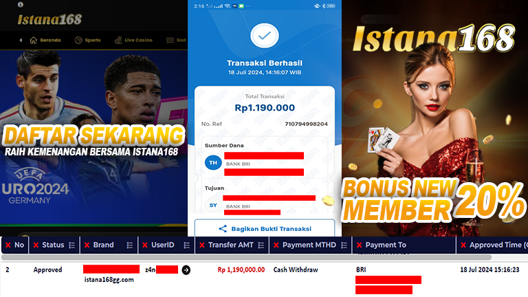 BUKTI KEMENANGAN WD MEMBER ISTANA168 IDR 1.190.000