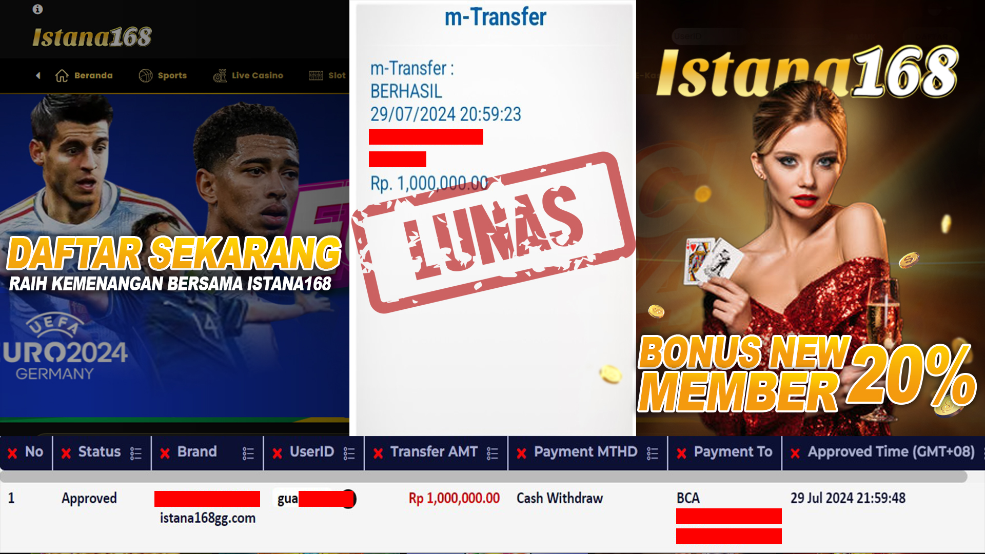 BUKTI KEMENANGAN WD MEMBER ISTANA168 IDR 1.000.000