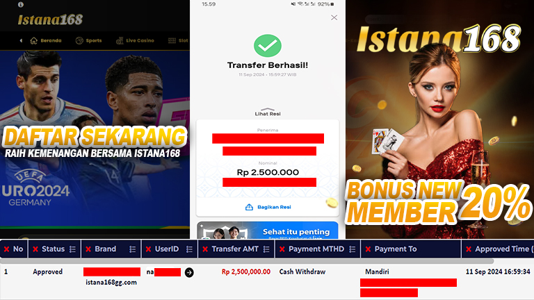 BUKTI KEMENANGAN WD MEMBER ISTANA168 IDR 2.500.000