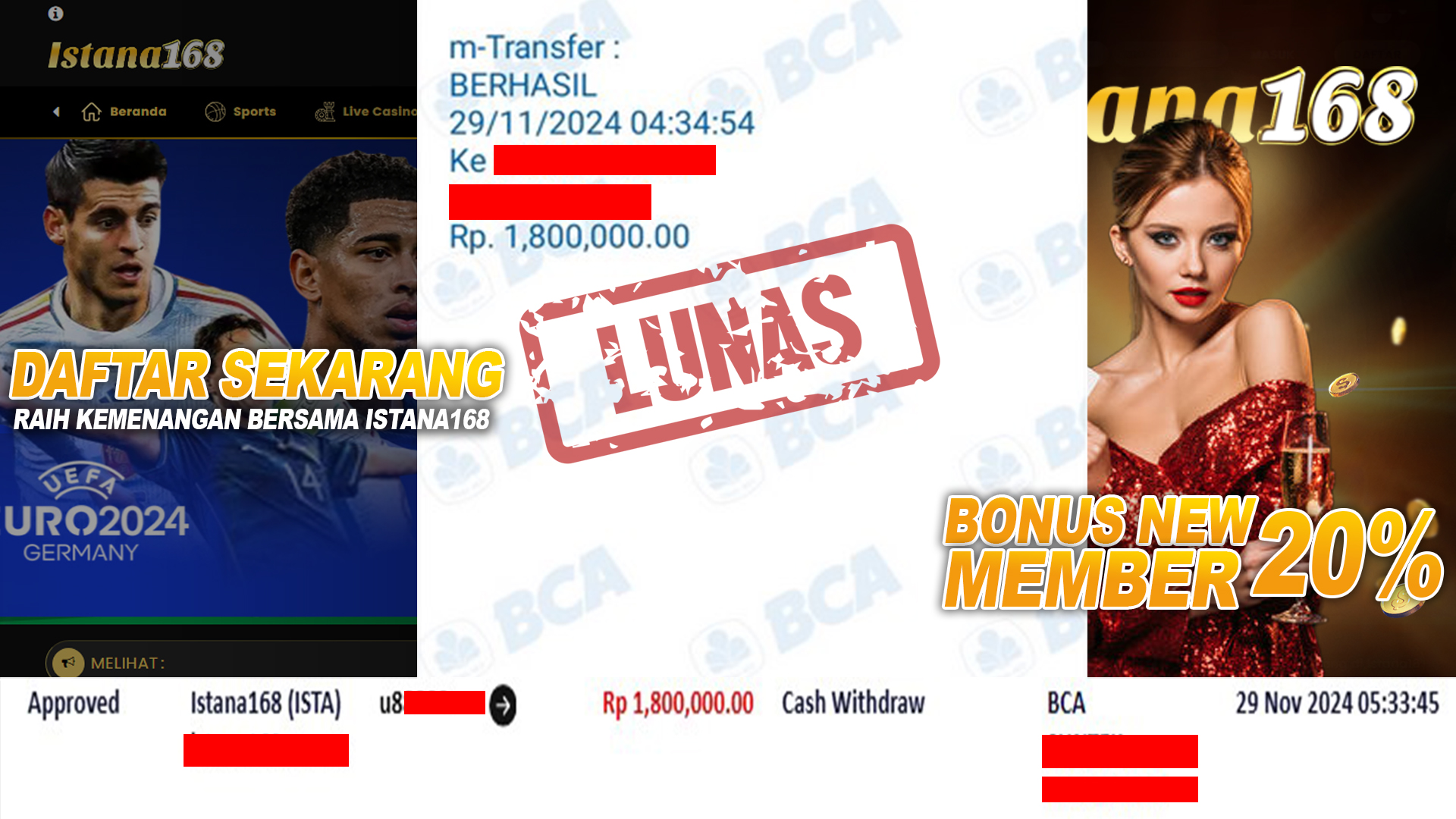 BUKTI KEMENANGAN WD MEMBER ISTANA168 IDR 1.800.000