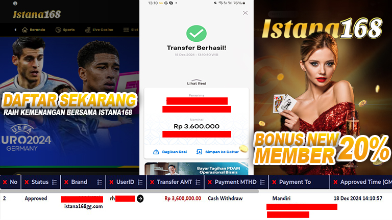 BUKTI KEMENANGAN WD MEMBER ISTANA168 IDR 3.600.000