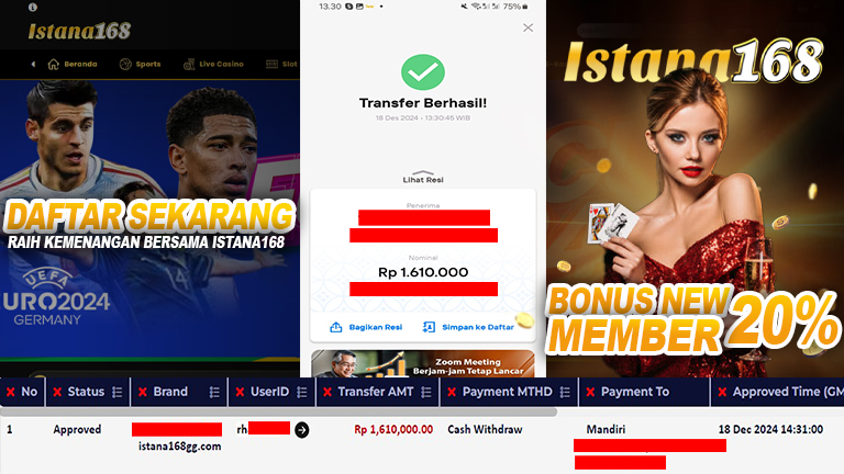 BUKTI KEMENANGAN WD MEMBER ISTANA168 IDR 1.610.000