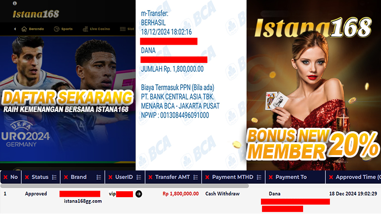 BUKTI KEMENANGAN WD MEMBER ISTANA168 IDR 1.800.000