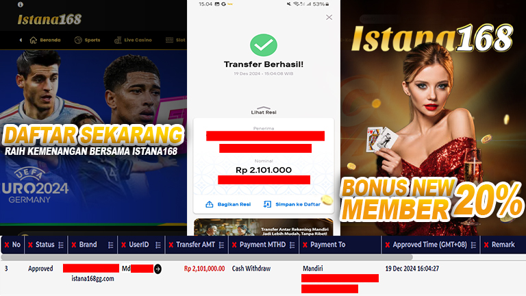 BUKTI KEMENANGAN WD MEMBER ISTANA168 IDR 2.101.000