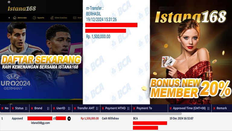 BUKTI KEMENANGAN WD MEMBER ISTANA168 IDR 1.500.000