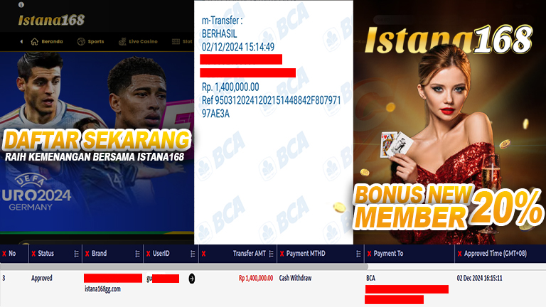 BUKTI KEMENANGAN WD MEMBER ISTANA168 IDR 1.400.000
