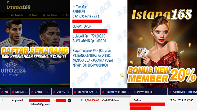 BUKTI KEMENANGAN WD MEMBER ISTANA168 IDR 1.800.000
