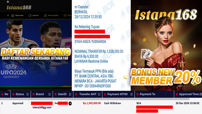 BUKTI KEMENANGAN WD MEMBER ISTANA168 IDR 1.545.000