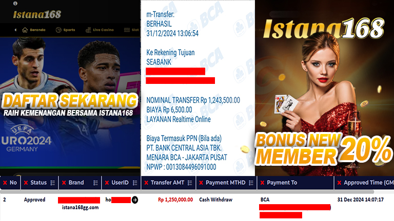 BUKTI KEMENANGAN WD MEMBER ISTANA168 IDR 1.250.000