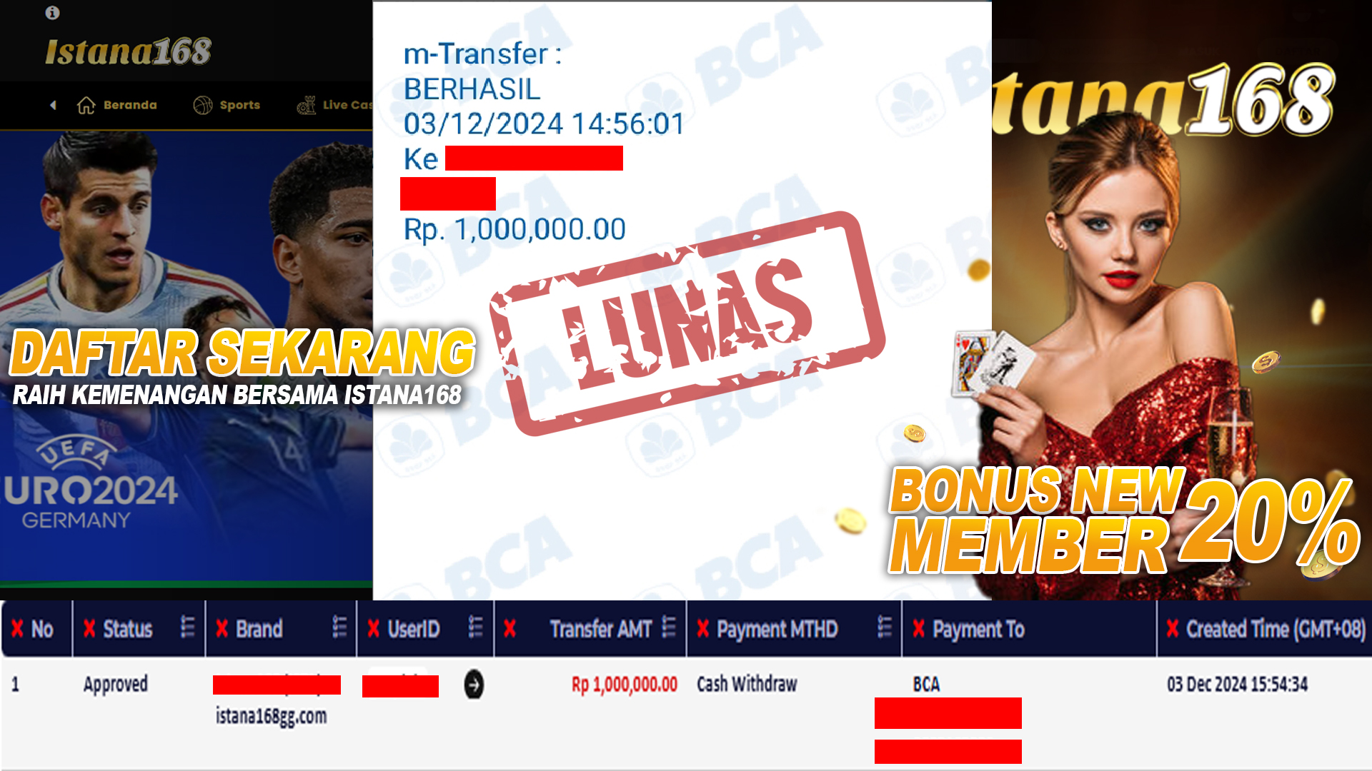 BUKTI KEMENANGAN WD MEMBER ISTANA168 IDR 1.000.000