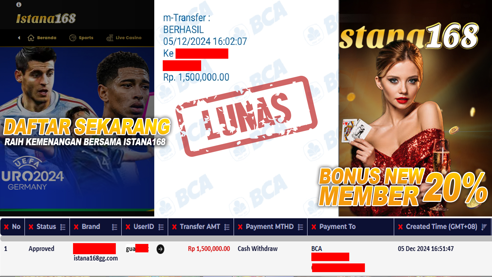 BUKTI KEMENANGAN WD MEMBER ISTANA168 IDR 1.500.000