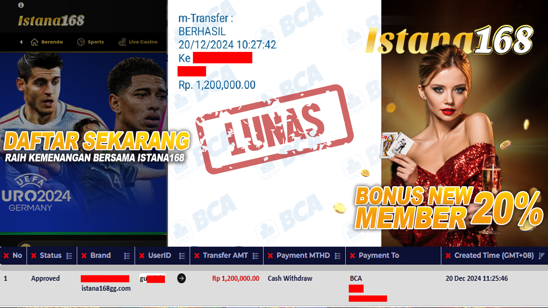 BUKTI KEMENANGAN WD MEMBER ISTANA168 IDR 1.200.000