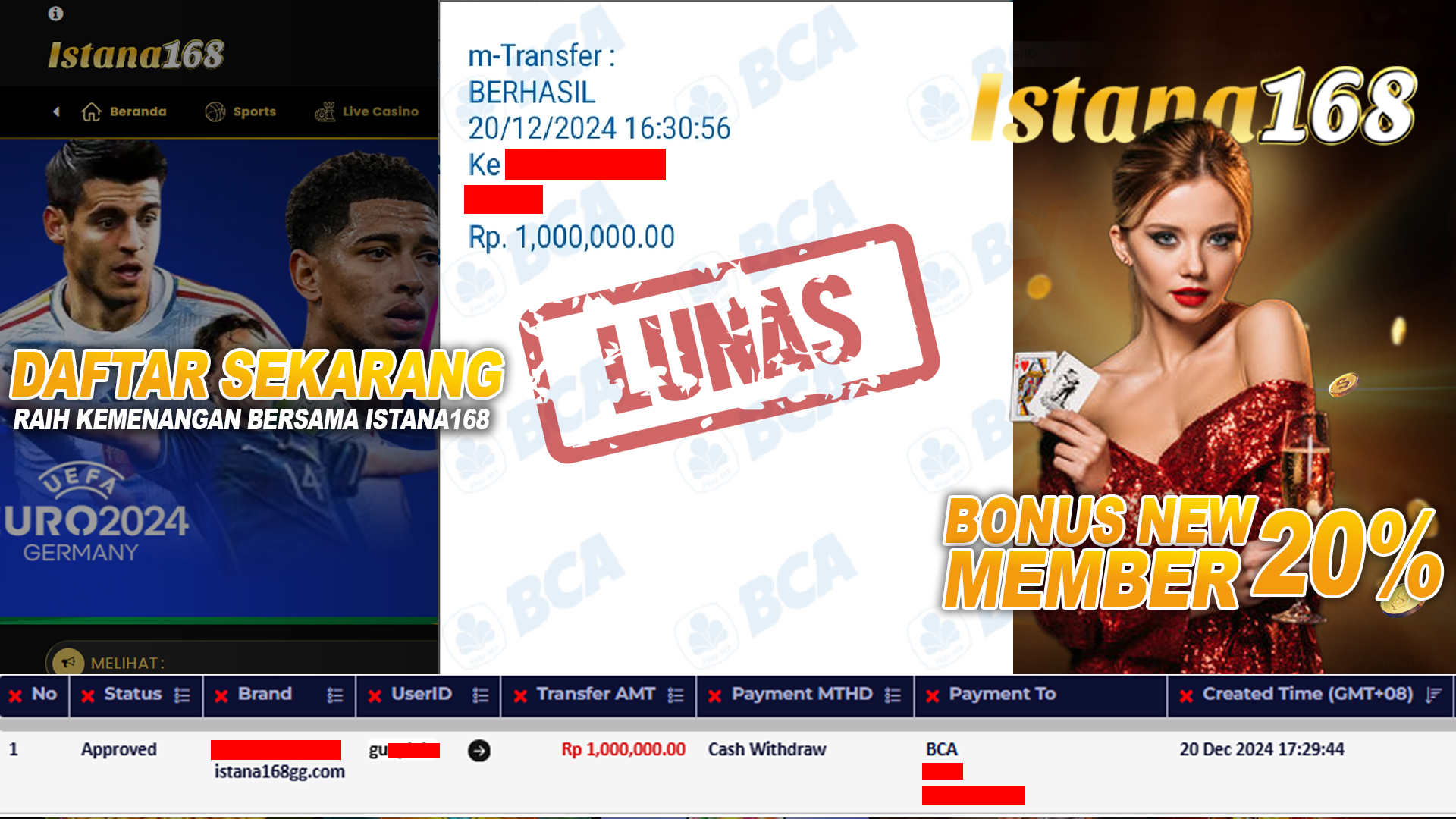 BUKTI KEMENANGAN WD MEMBER ISTANA168 IDR 1.000.000