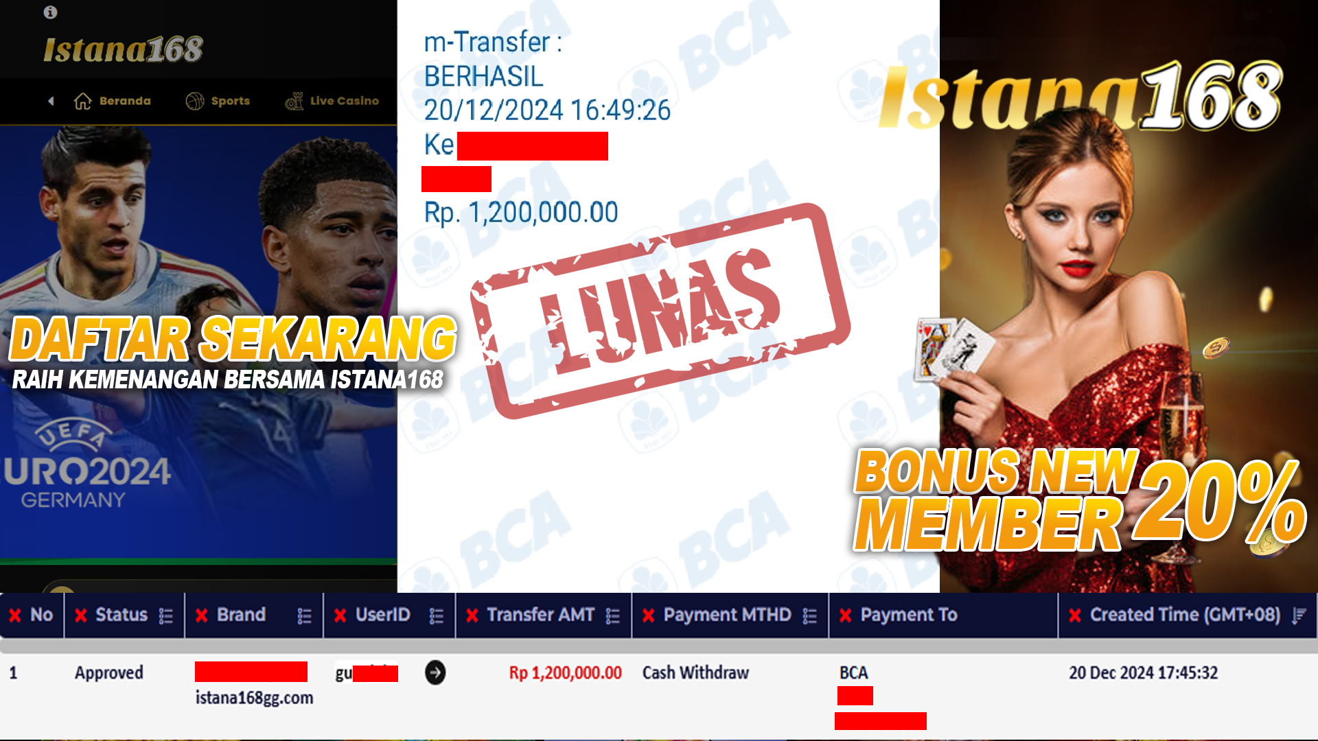 BUKTI KEMENANGAN WD MEMBER ISTANA168 IDR 1.200.000