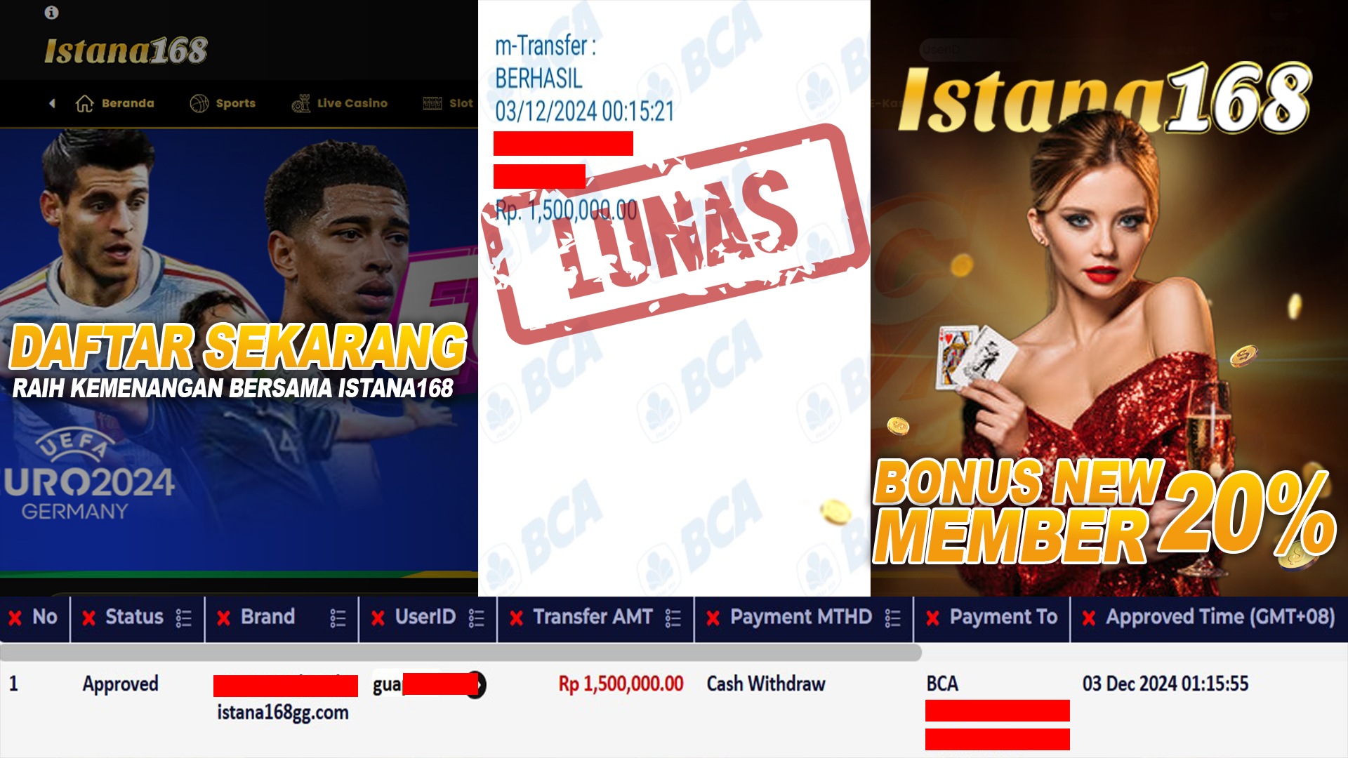 BUKTI KEMENANGAN WD MEMBER ISTANA168 IDR 1.500.000