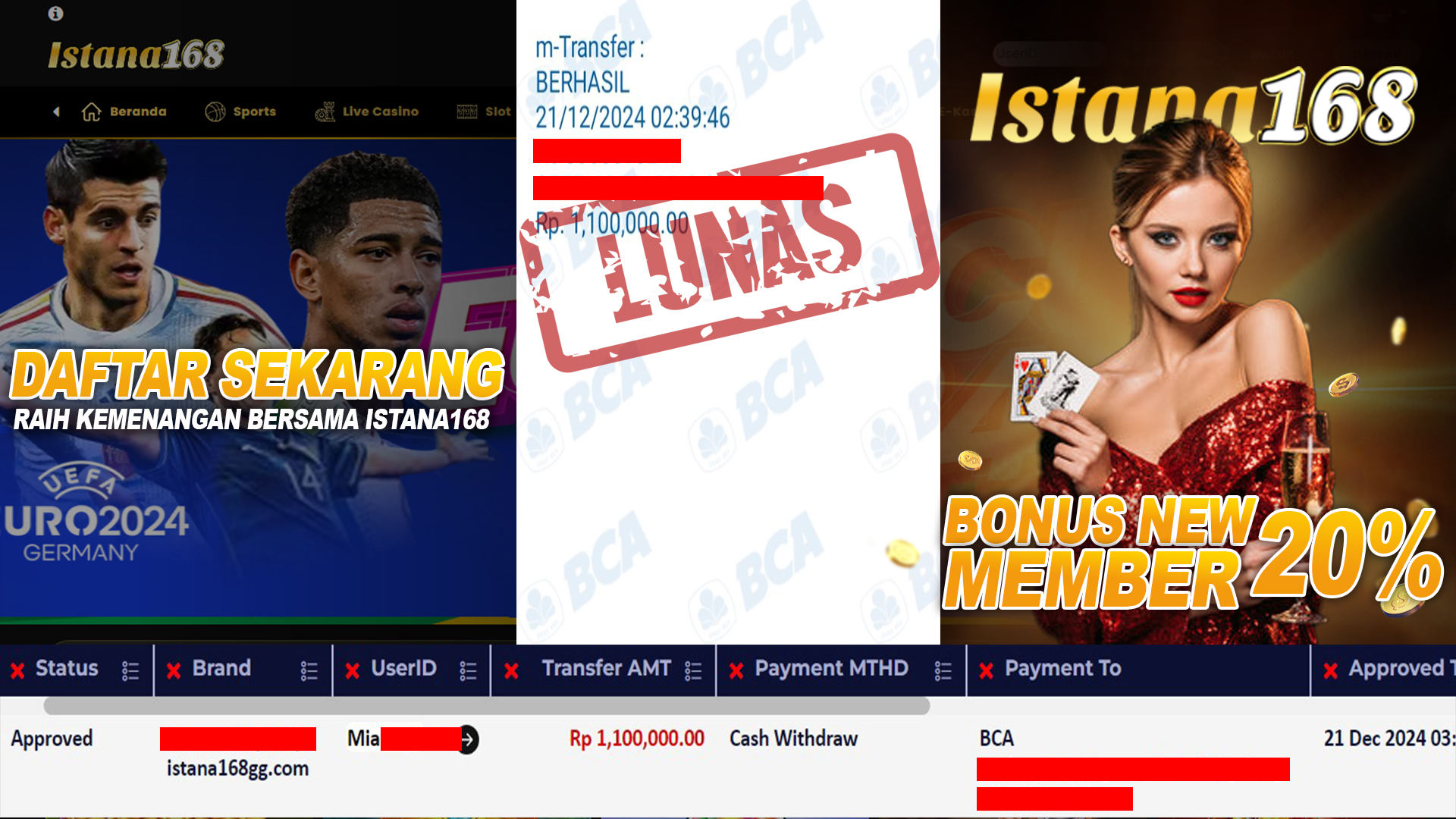 BUKTI KEMENANGAN WD MEMBER ISTANA168 IDR 1.100.000