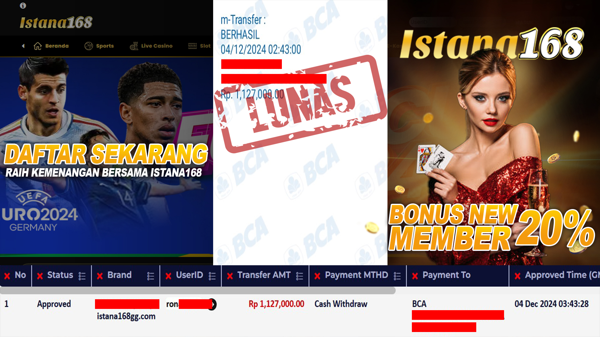 BUKTI KEMENANGAN WD MEMBER ISTANA168 IDR 1.127.000
