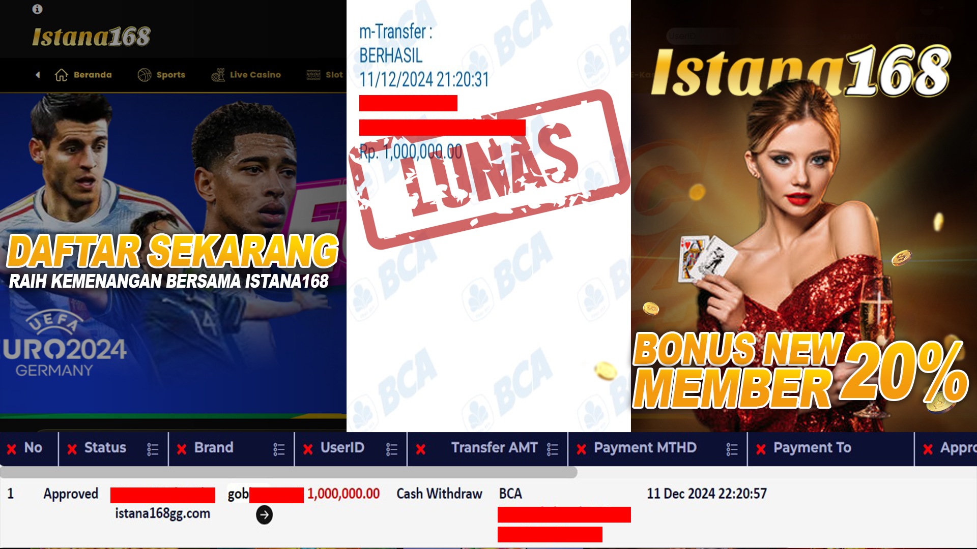 BUKTI KEMENANGAN WD MEMBER ISTANA168 IDR 1.000.000