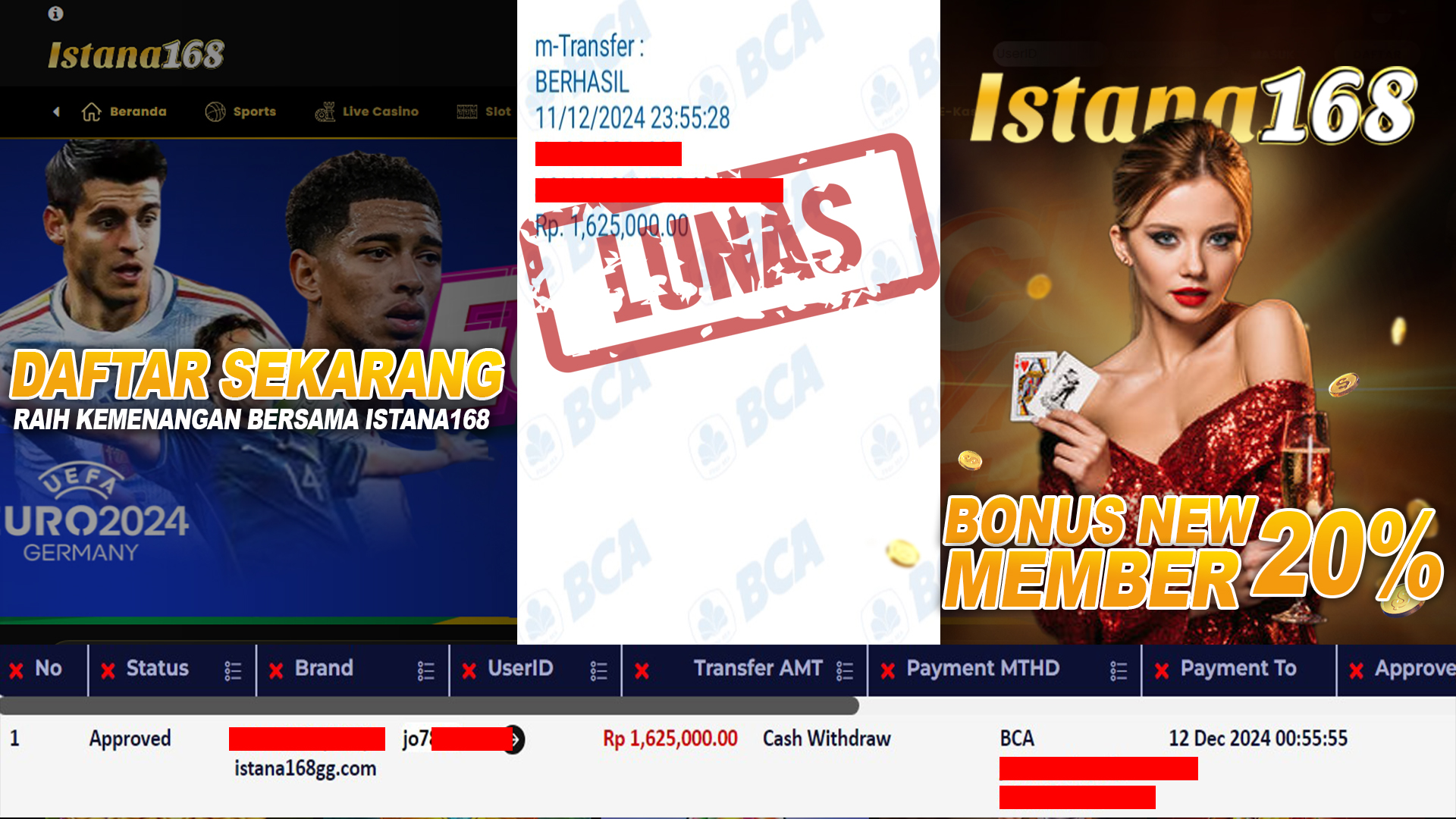 BUKTI KEMENANGAN WD MEMBER ISTANA168 IDR 1.625.000