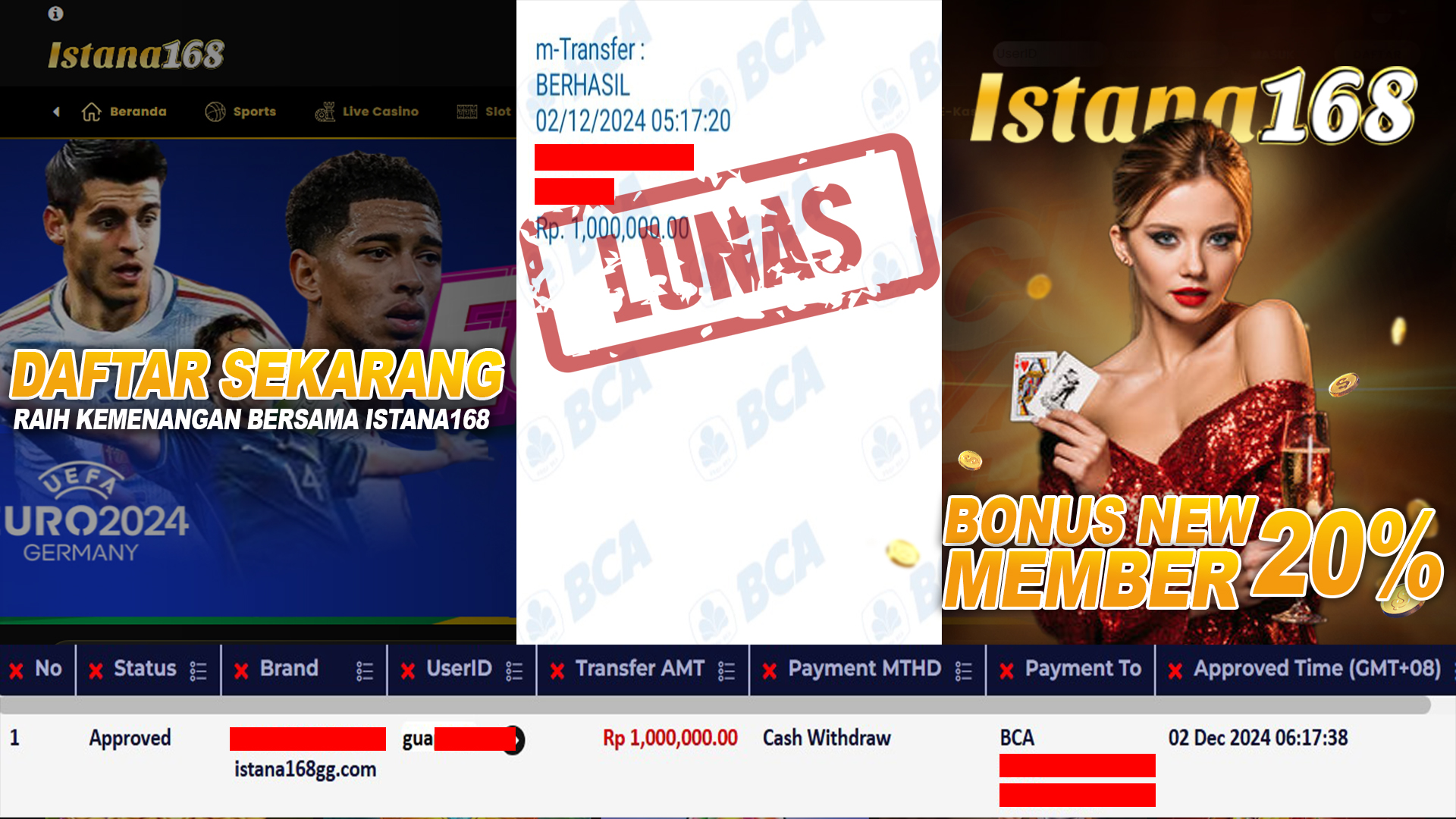 BUKTI KEMENANGAN WD MEMBER ISTANA168 IDR 1.000.000
