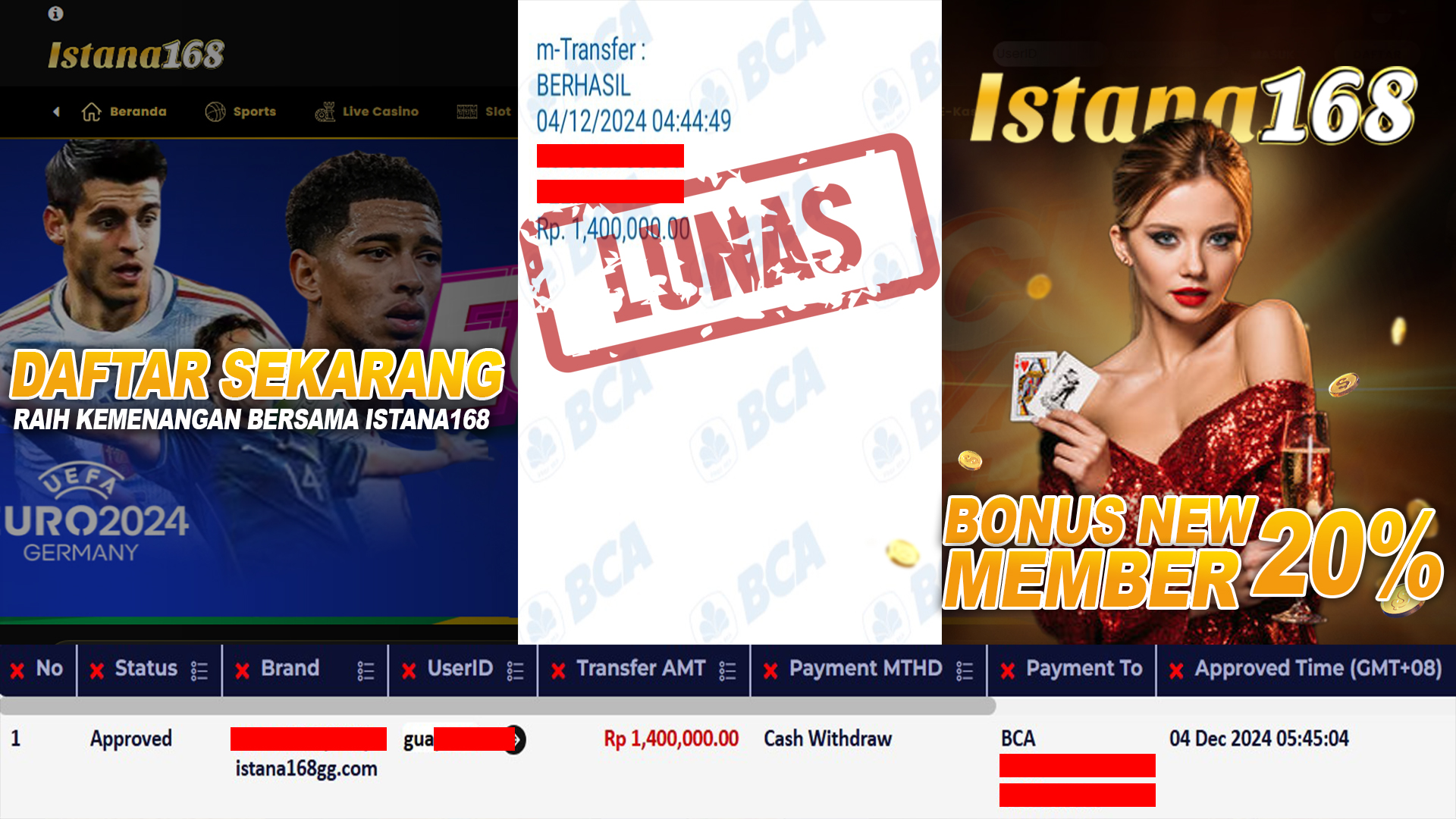 BUKTI KEMENANGAN WD MEMBER ISTANA168 IDR 1.400.000