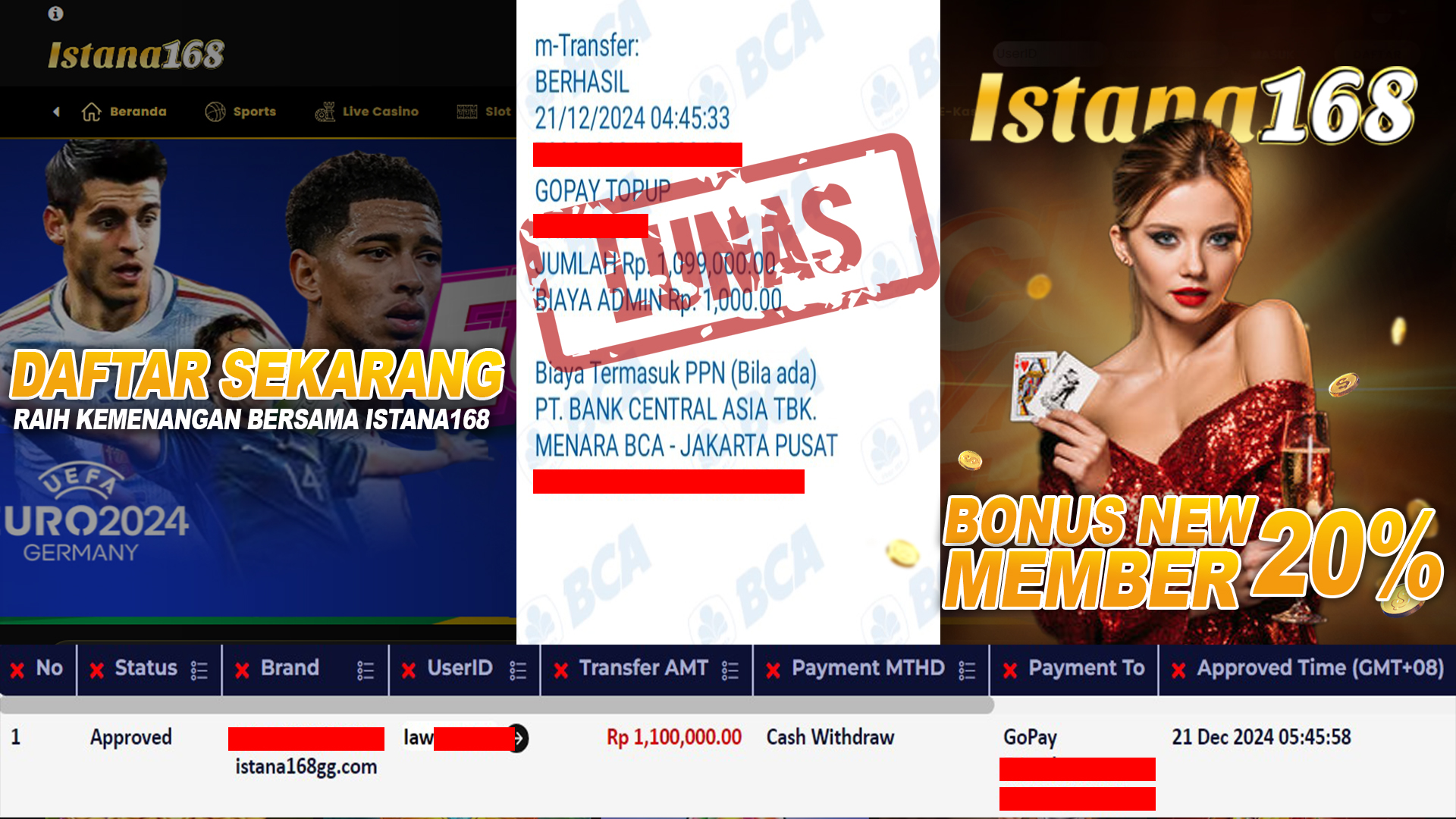 BUKTI KEMENANGAN WD MEMBER ISTANA168 IDR 1.100.000
