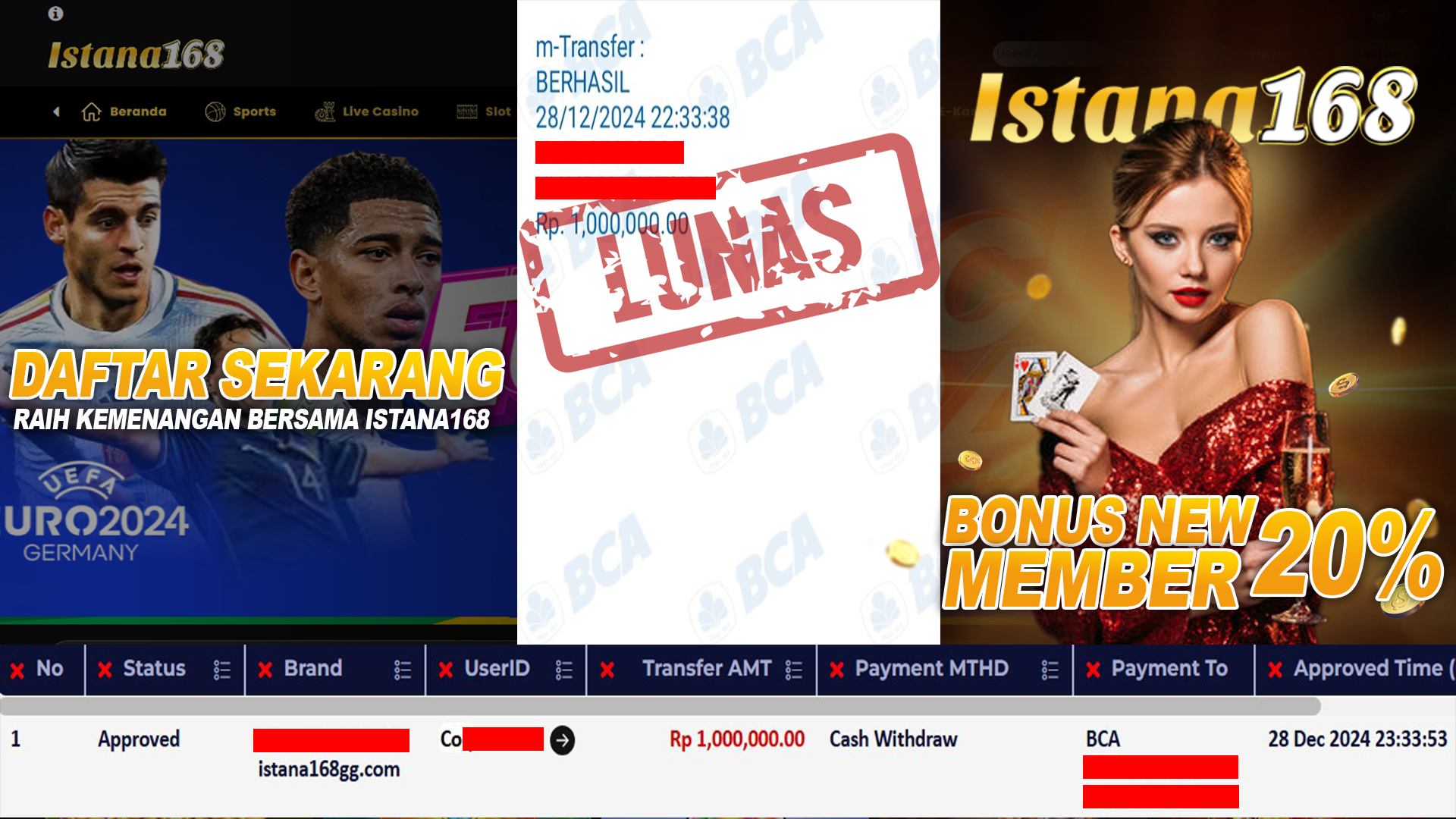 BUKTI KEMENANGAN WD MEMBER ISTANA168 IDR 1.000.000