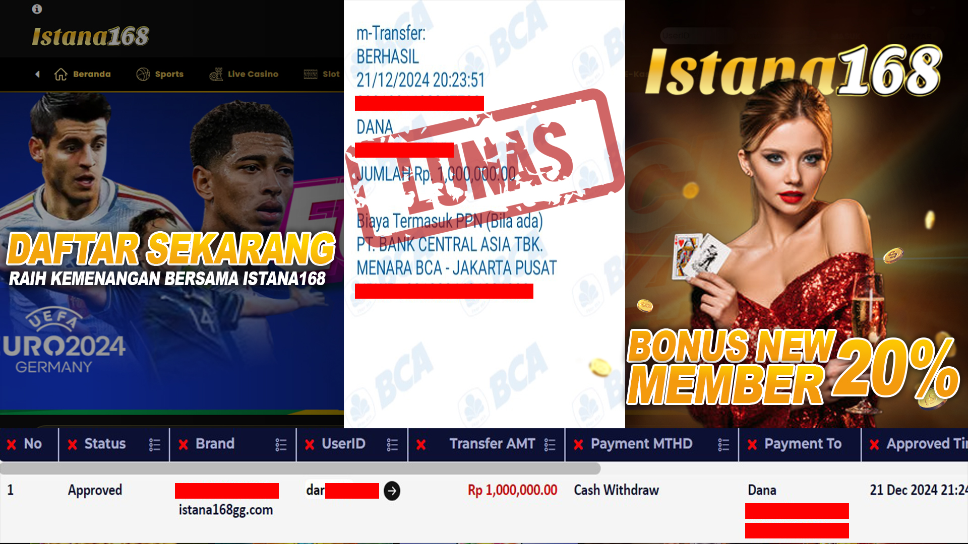 BUKTI KEMENANGAN WD MEMBER ISTANA168 IDR 1.000.000