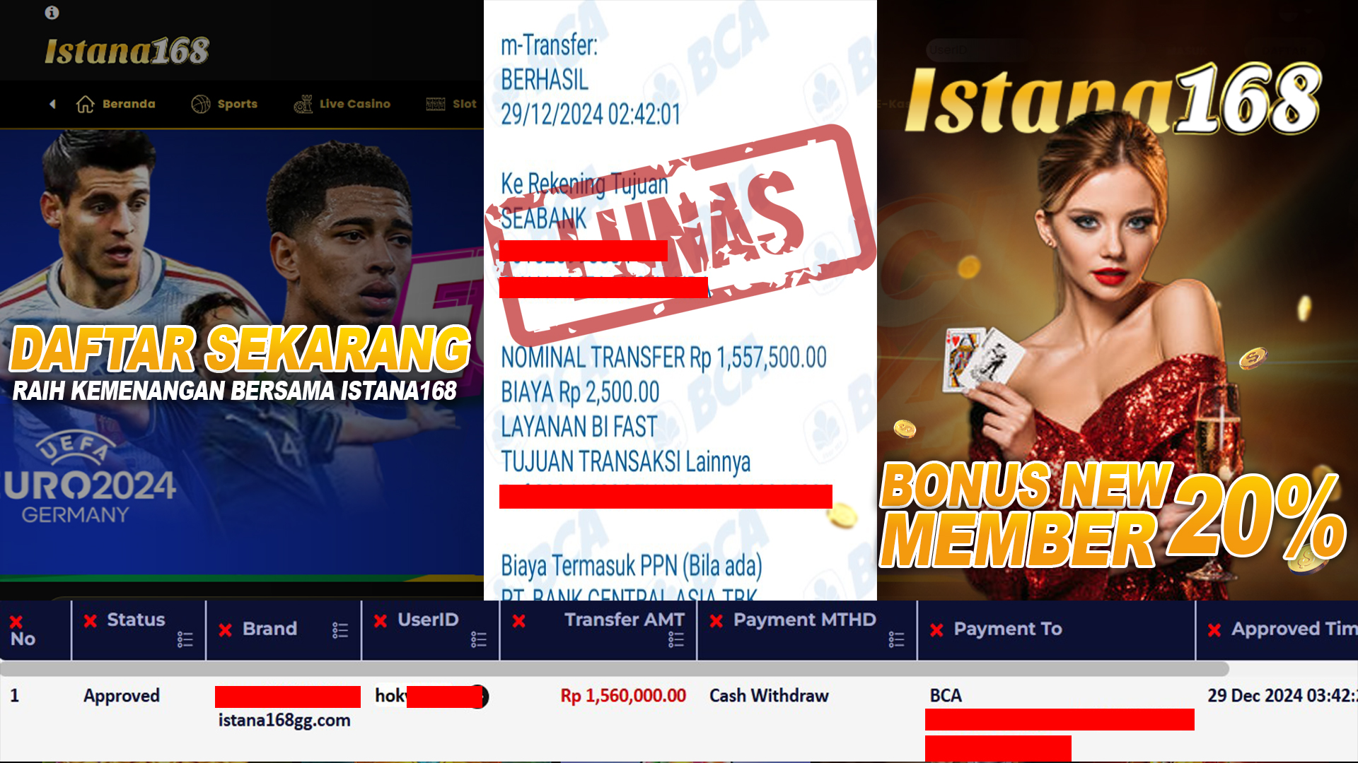BUKTI KEMENANGAN WD MEMBER ISTANA168 IDR 1.560.000