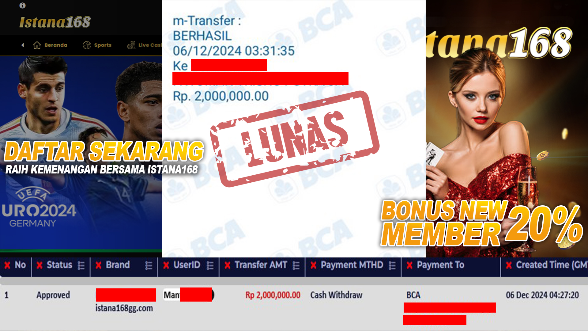 BUKTI KEMENANGAN WD MEMBER ISTANA168 IDR 2.000.000