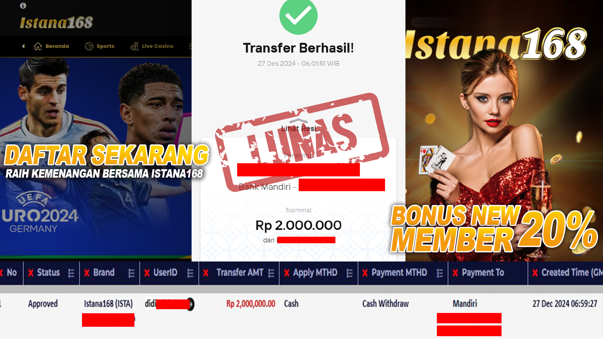 BUKTI KEMENANGAN WD MEMBER ISTANA168 IDR 2.000.000