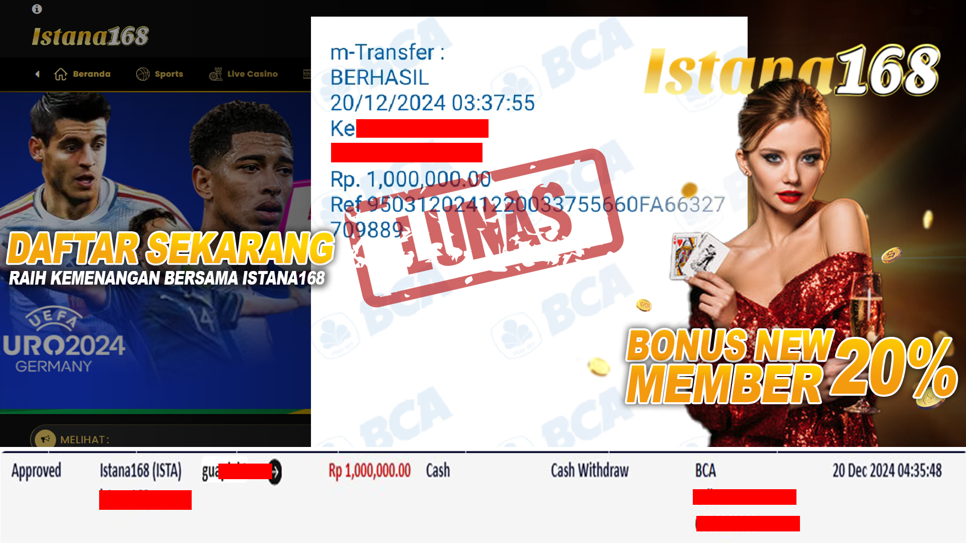 BUKTI KEMENANGAN WD MEMBER ISTANA168 IDR 1.000.000