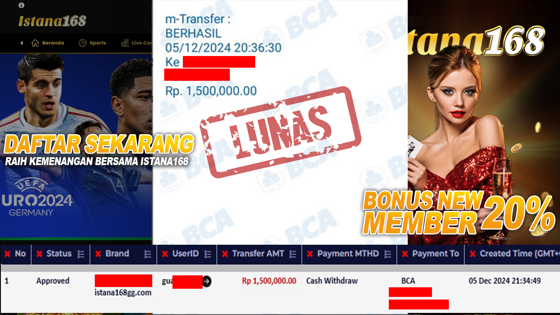 BUKTI KEMENANGAN WD MEMBER ISTANA168 IDR 1.500.000