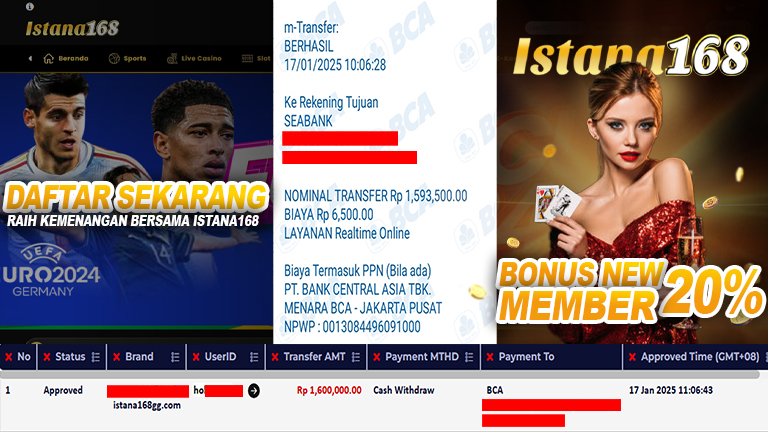 BUKTI KEMENANGAN WD MEMBER ISTANA168 IDR 1.600.000
