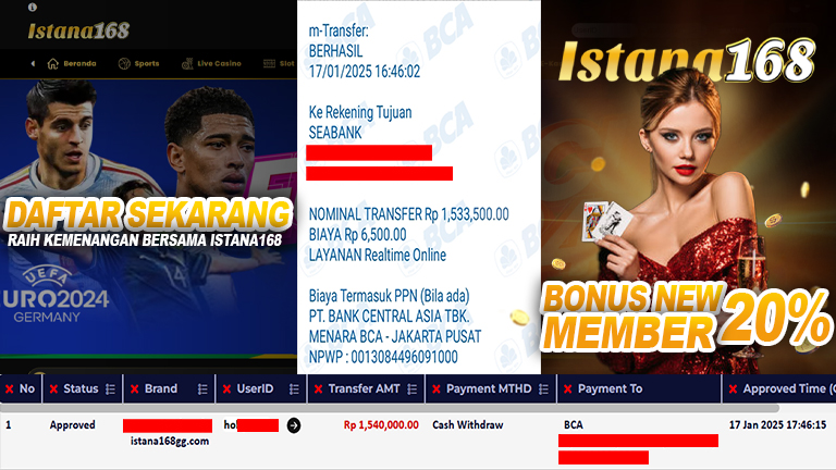 BUKTI KEMENANGAN WD MEMBER ISTANA168 IDR 1.540.000