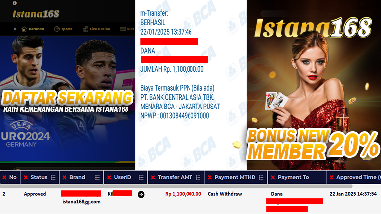 BUKTI KEMENANGAN WD MEMBER ISTANA168 IDR 1.100.000