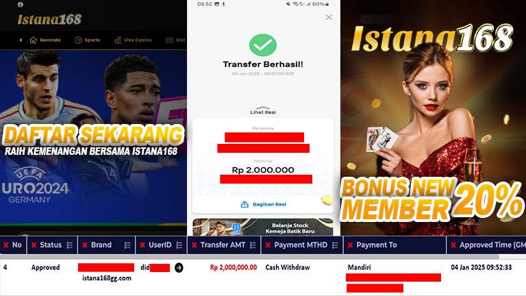 BUKTI KEMENANGAN WD MEMBER ISTANA168 IDR 2.000.000