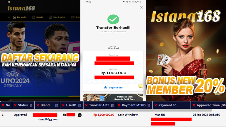 BUKTI KEMENANGAN WD MEMBER ISTANA168 IDR 1.000.000