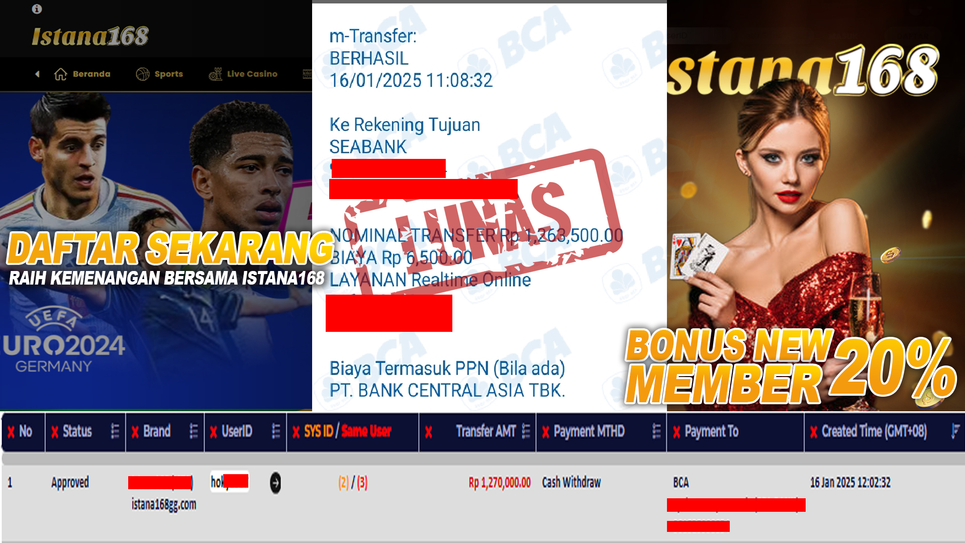 BUKTI KEMENANGAN WD MEMBER ISTANA168 IDR 1.270.000