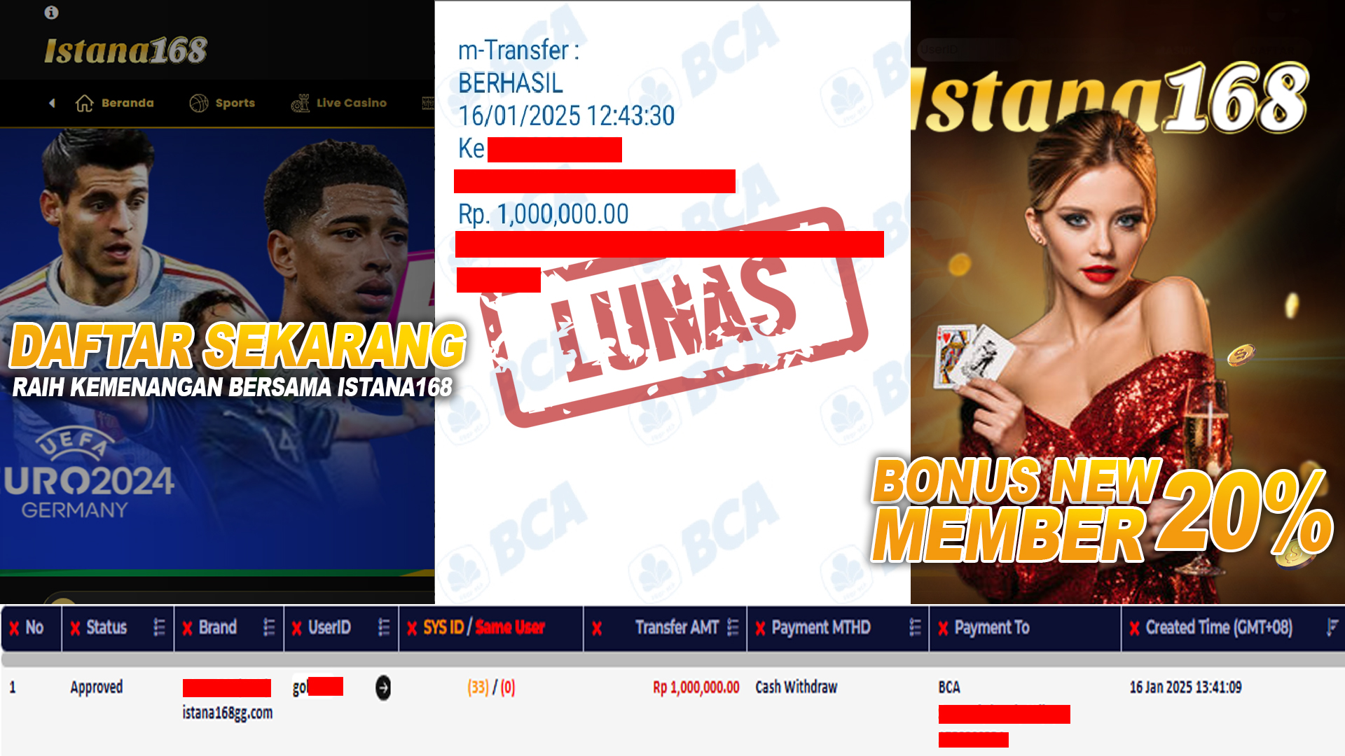 BUKTI KEMENANGAN WD MEMBER ISTANA168 IDR 1.000.000