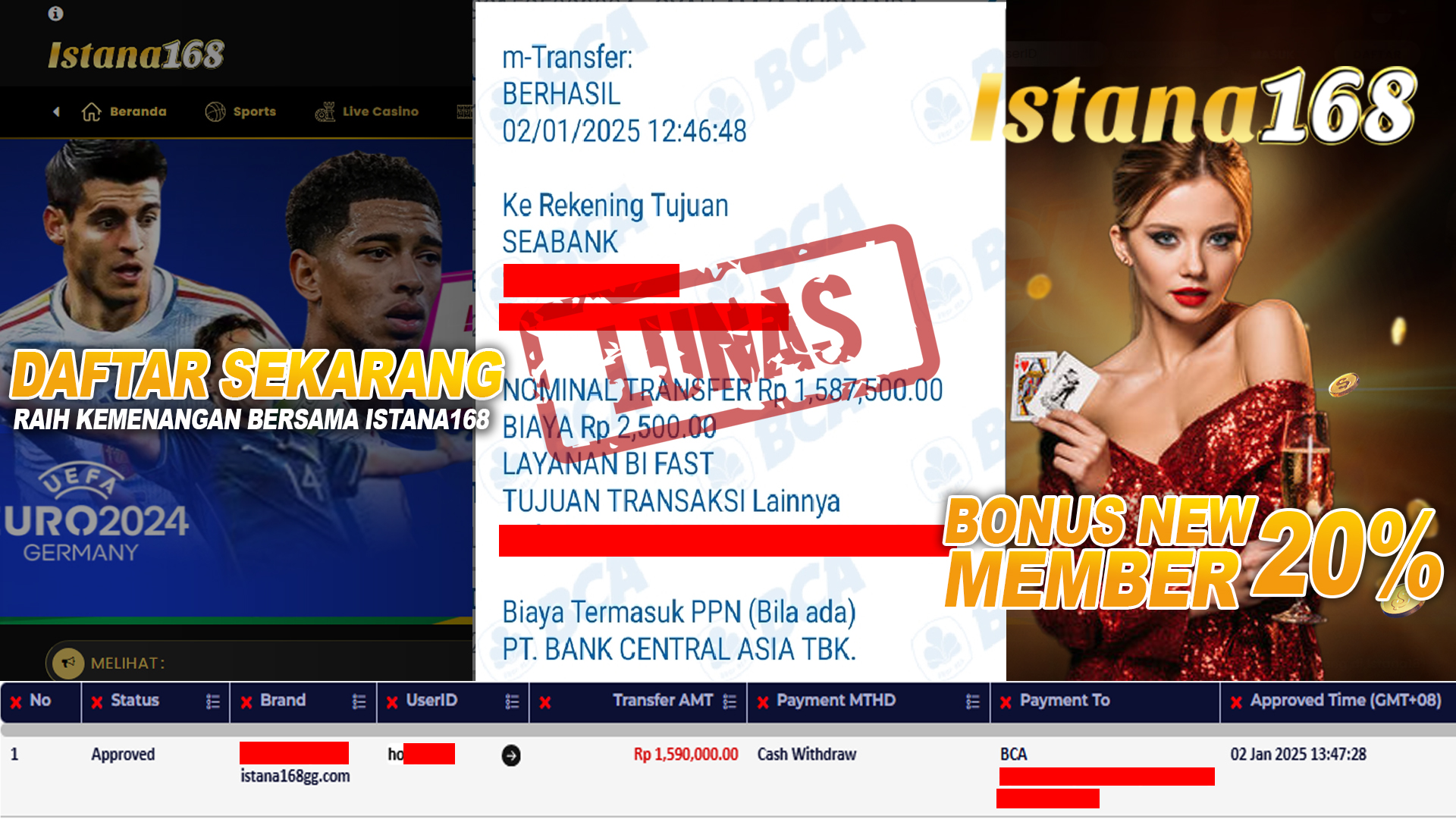 BUKTI KEMENANGAN WD MEMBER ISTANA168 IDR 1.590.000