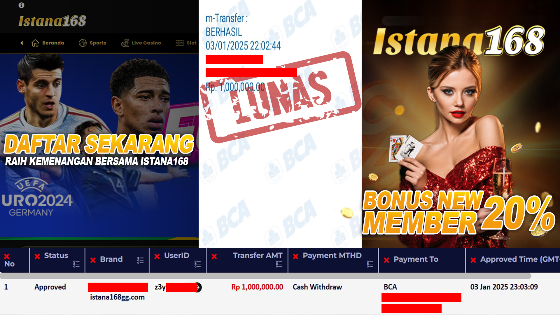 BUKTI KEMENANGAN WD MEMBER ISTANA168 IDR 1.000.000