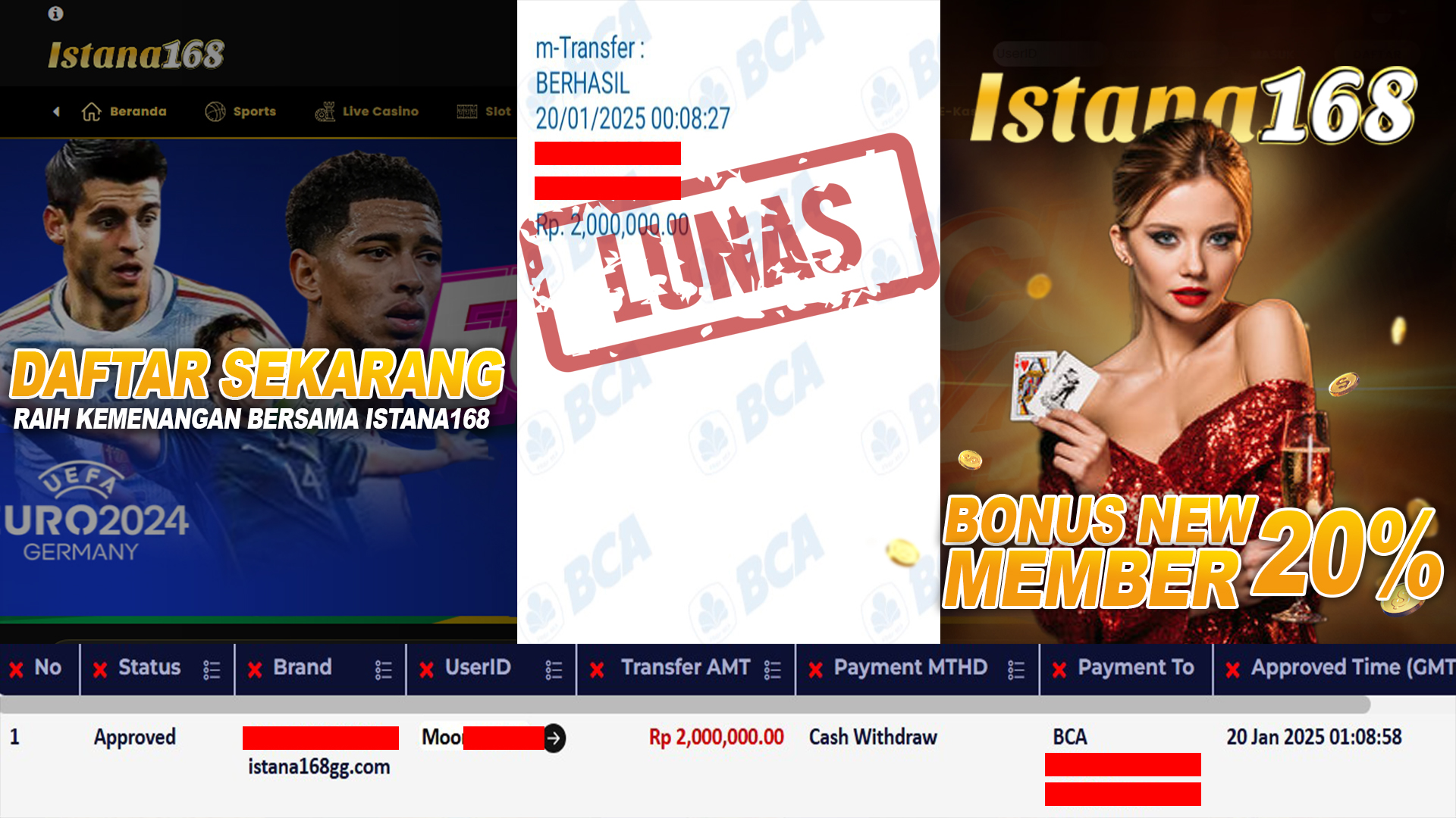 BUKTI KEMENANGAN WD MEMBER ISTANA168 IDR 2.000.000