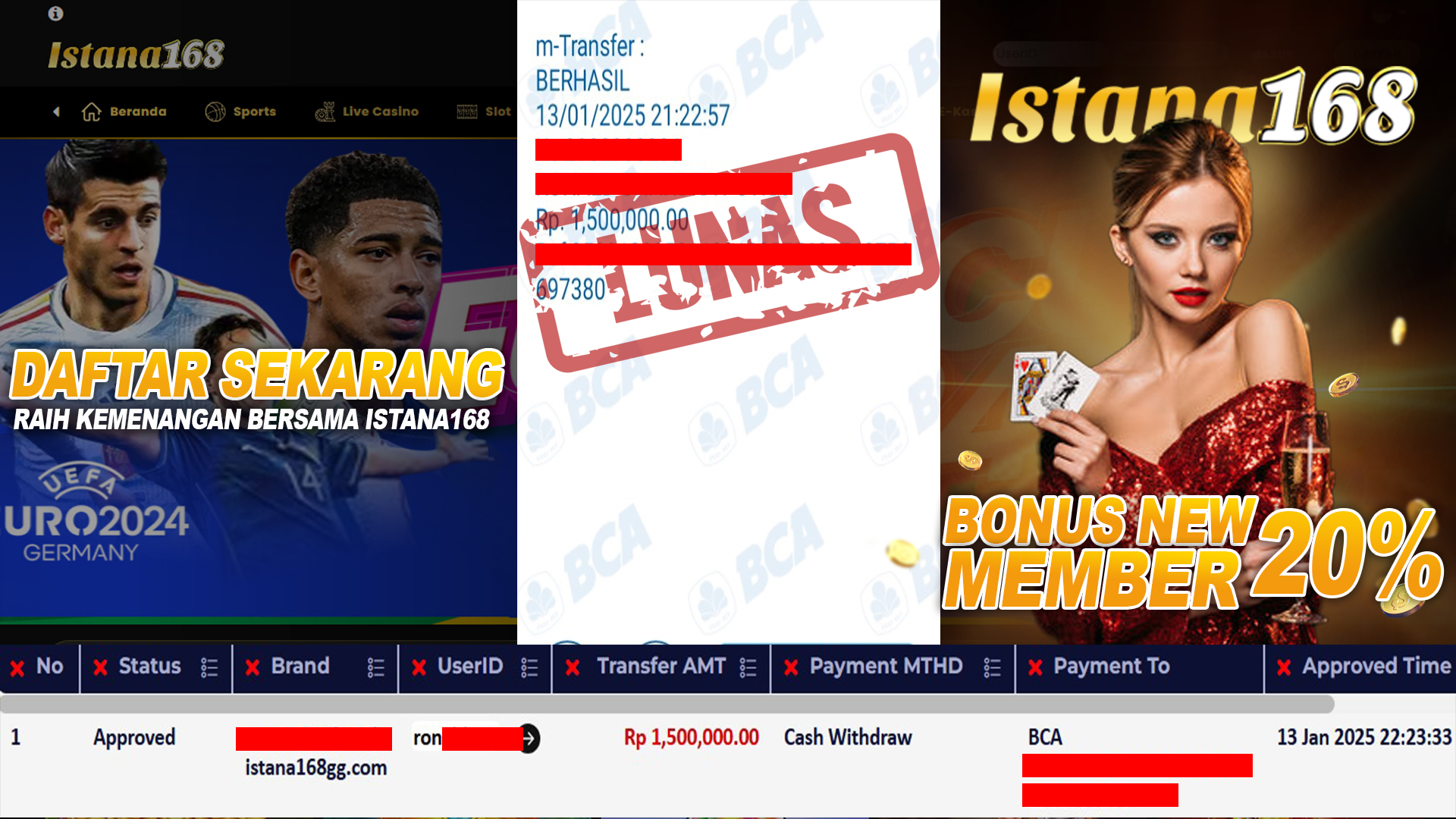 BUKTI KEMENANGAN WD MEMBER ISTANA168 IDR 1.500.000