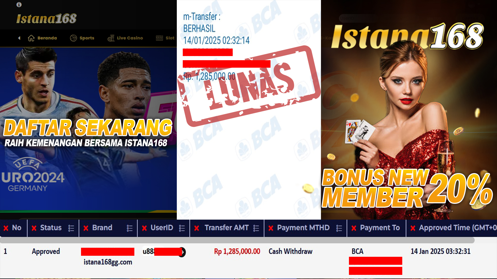 BUKTI KEMENANGAN WD MEMBER ISTANA168 IDR 1.285.000