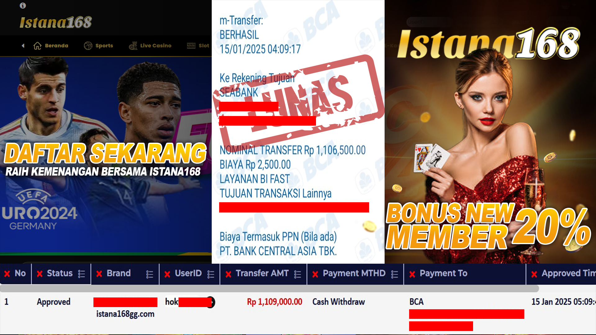 BUKTI KEMENANGAN WD MEMBER ISTANA168 IDR 1.109.000