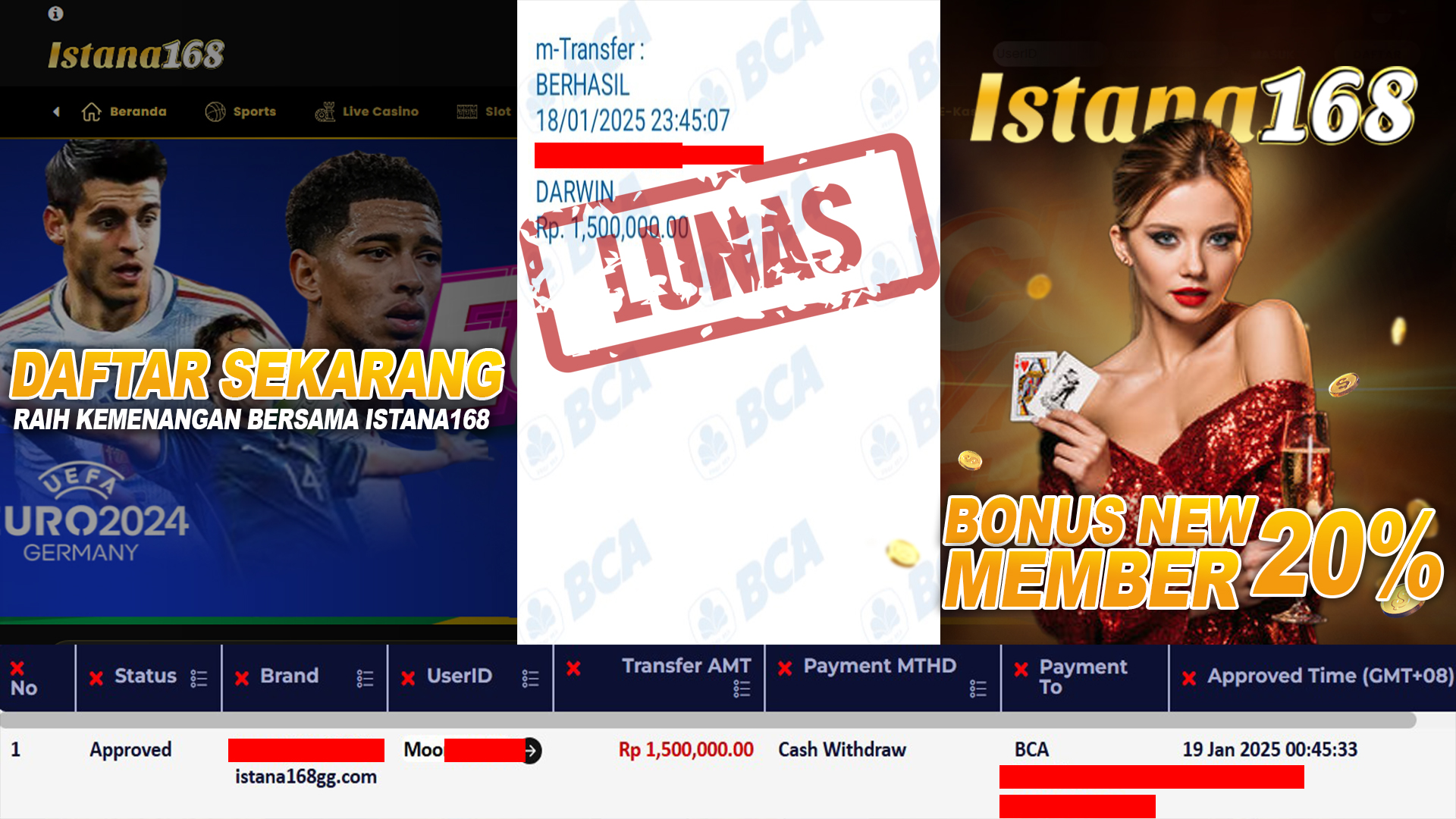 BUKTI KEMENANGAN WD MEMBER ISTANA168 IDR 1.500.000