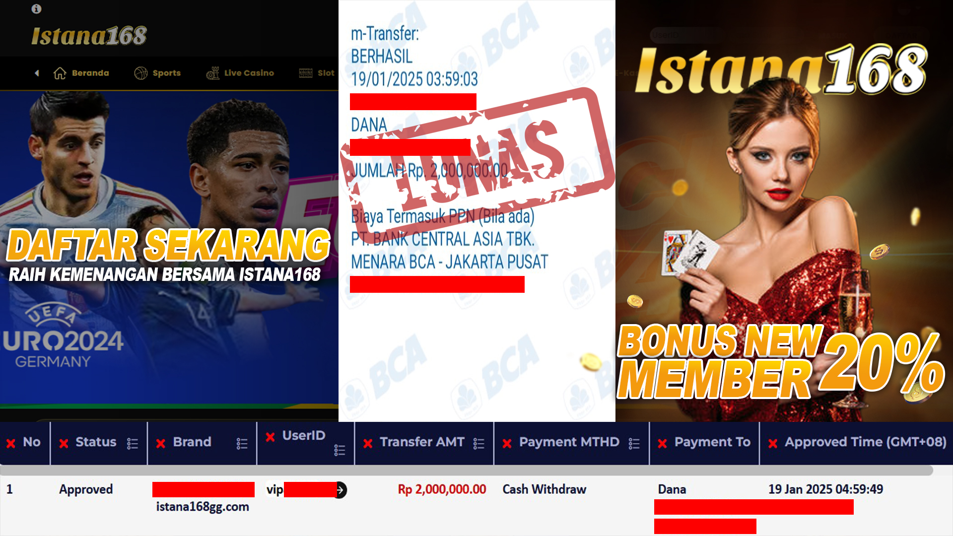 BUKTI KEMENANGAN WD MEMBER ISTANA168 IDR 2.000.000