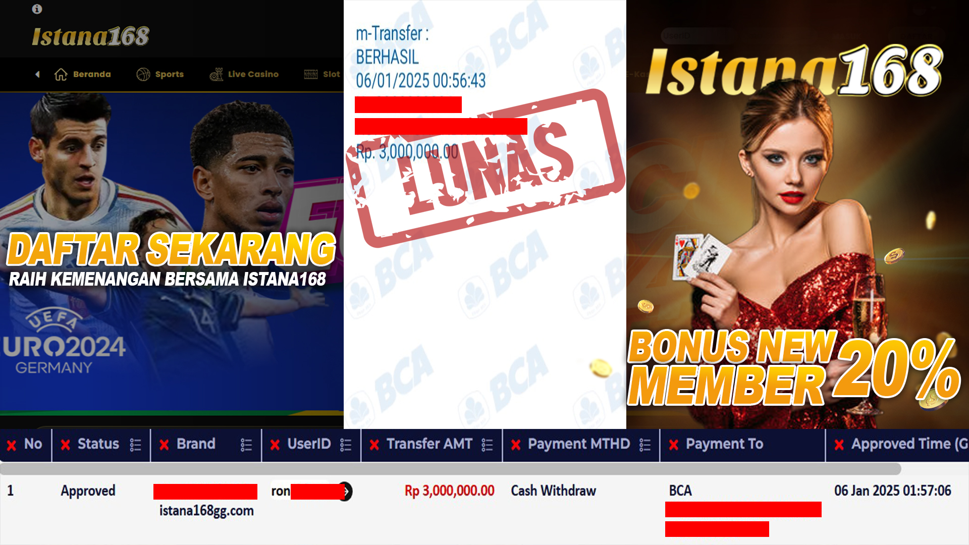 BUKTI KEMENANGAN WD MEMBER ISTANA168 IDR 3.000.000