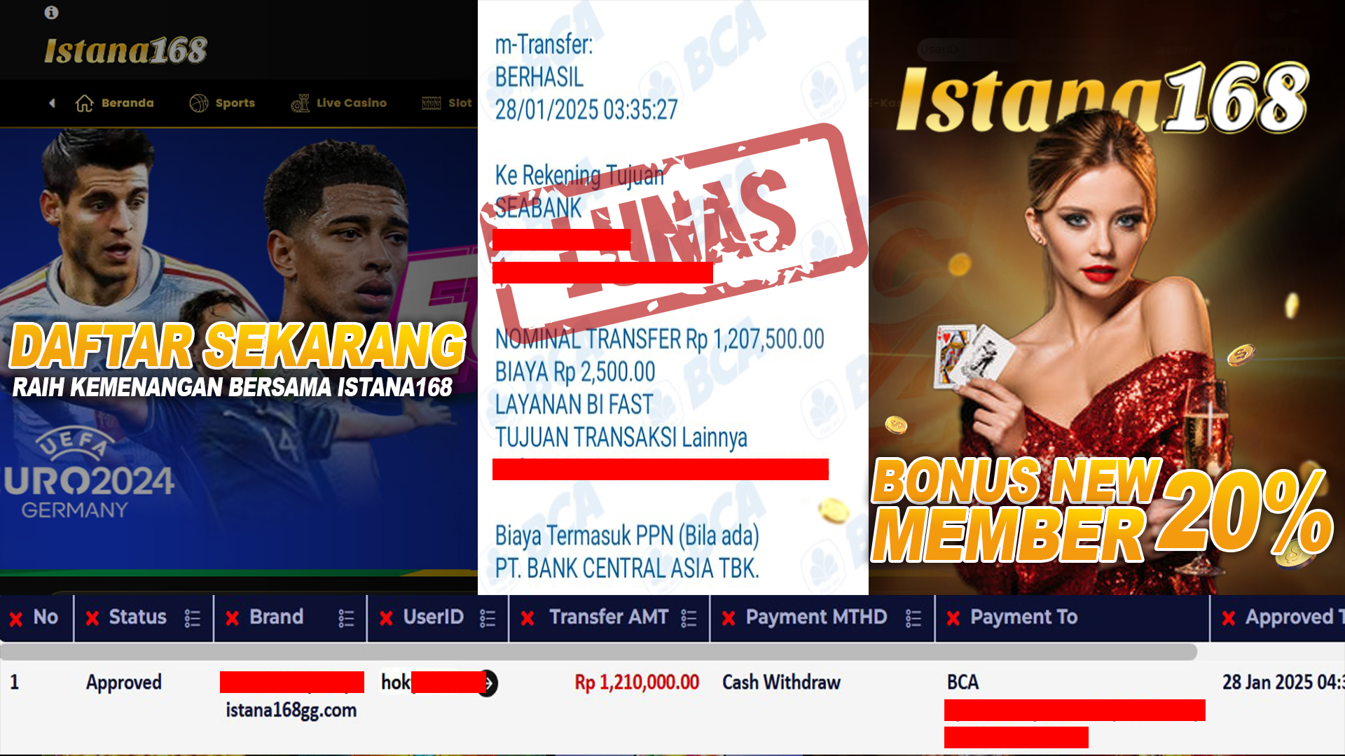 BUKTI KEMENANGAN WD MEMBER ISTANA168 IDR 1.210.000